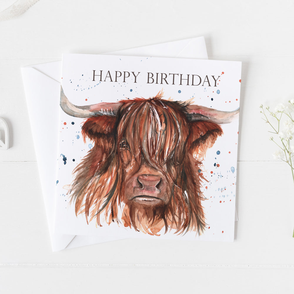 Highland Cow 'Happy Birthday' Watercolour Design Greeting Card