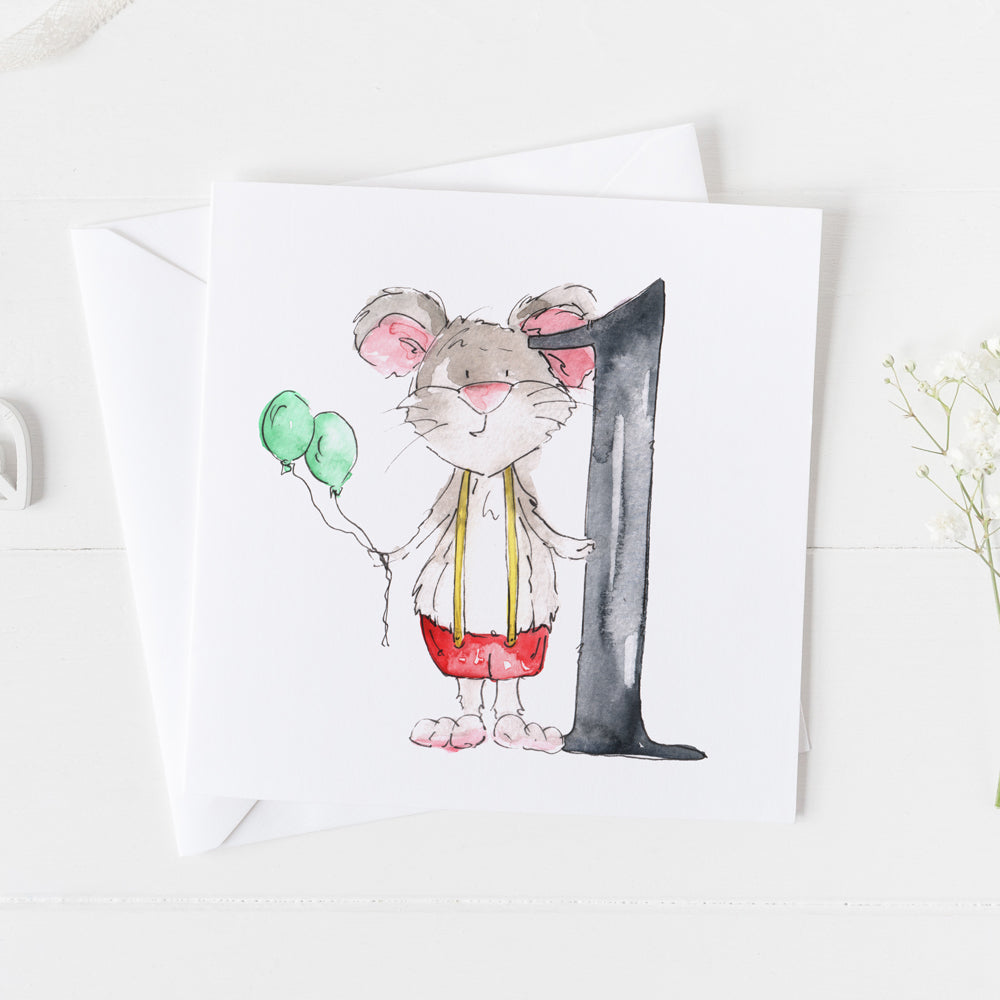 Mouse 1st Birthday Watercolour Design Greeting Card