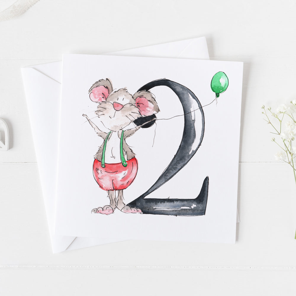 Mouse 2nd Birthday Watercolour Design Greeting Card