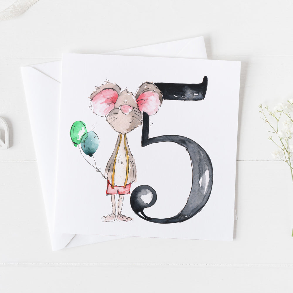 Mouse 5th Birthday Watercolour Design Greeting Card