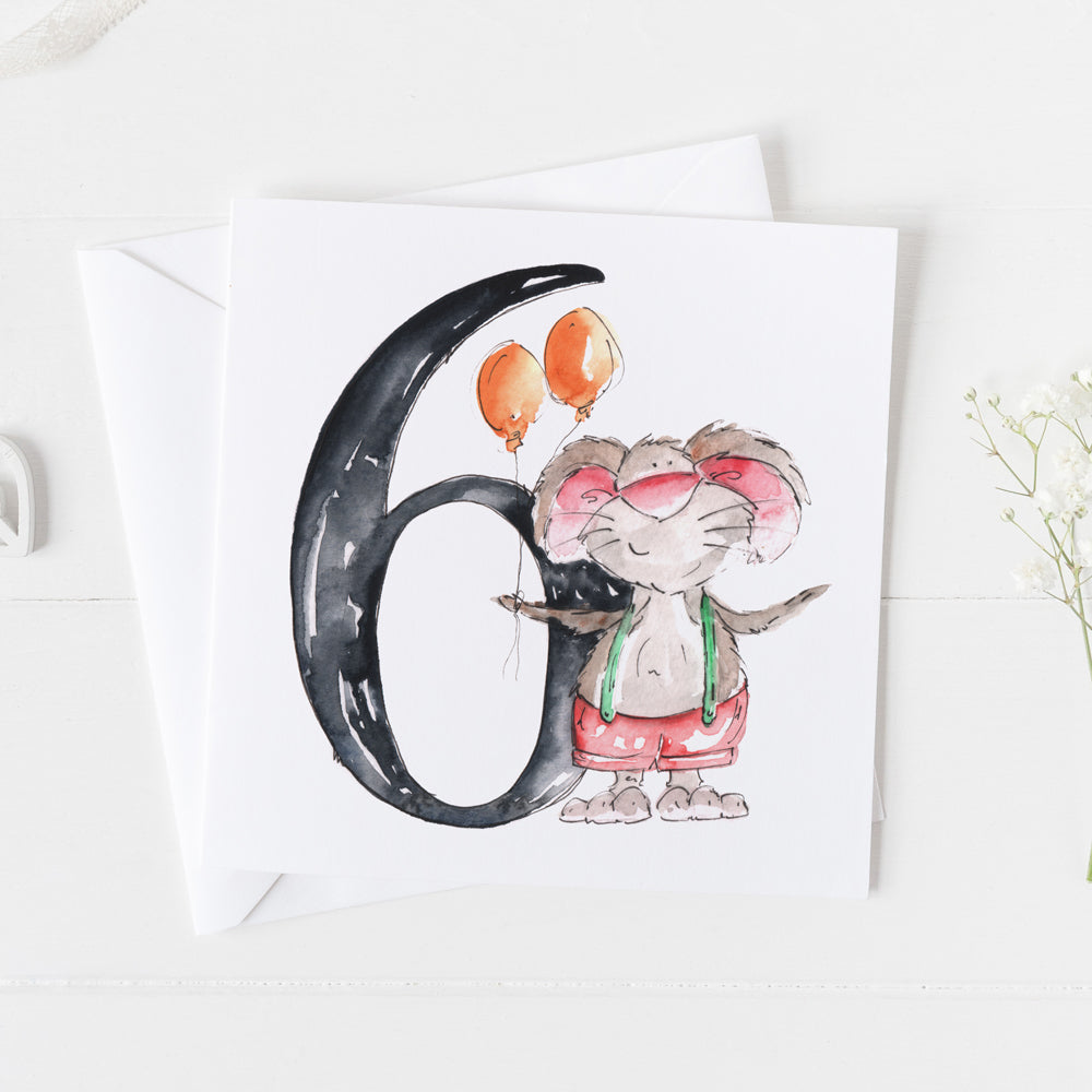 Mouse 6th Birthday Watercolour Design Greeting Card