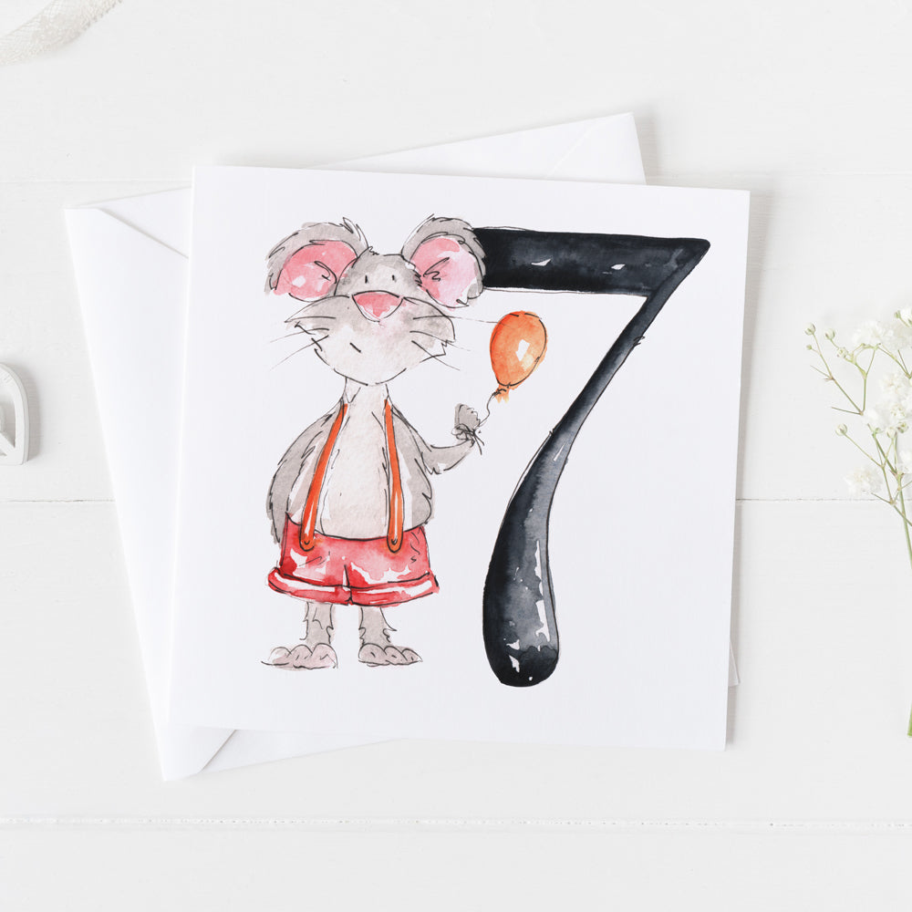 Mouse 7th Birthday Watercolour Design Greeting Card