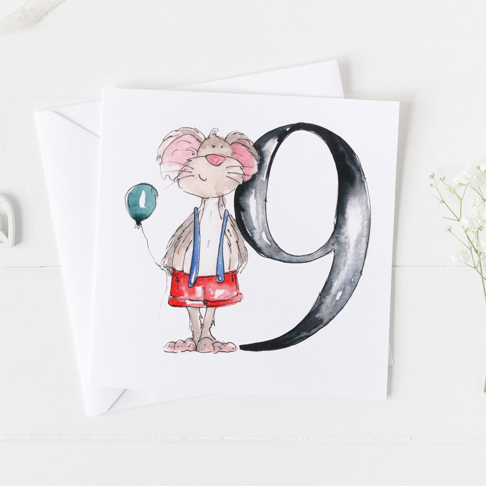 Mouse 9th Birthday Watercolour Design Greeting Card