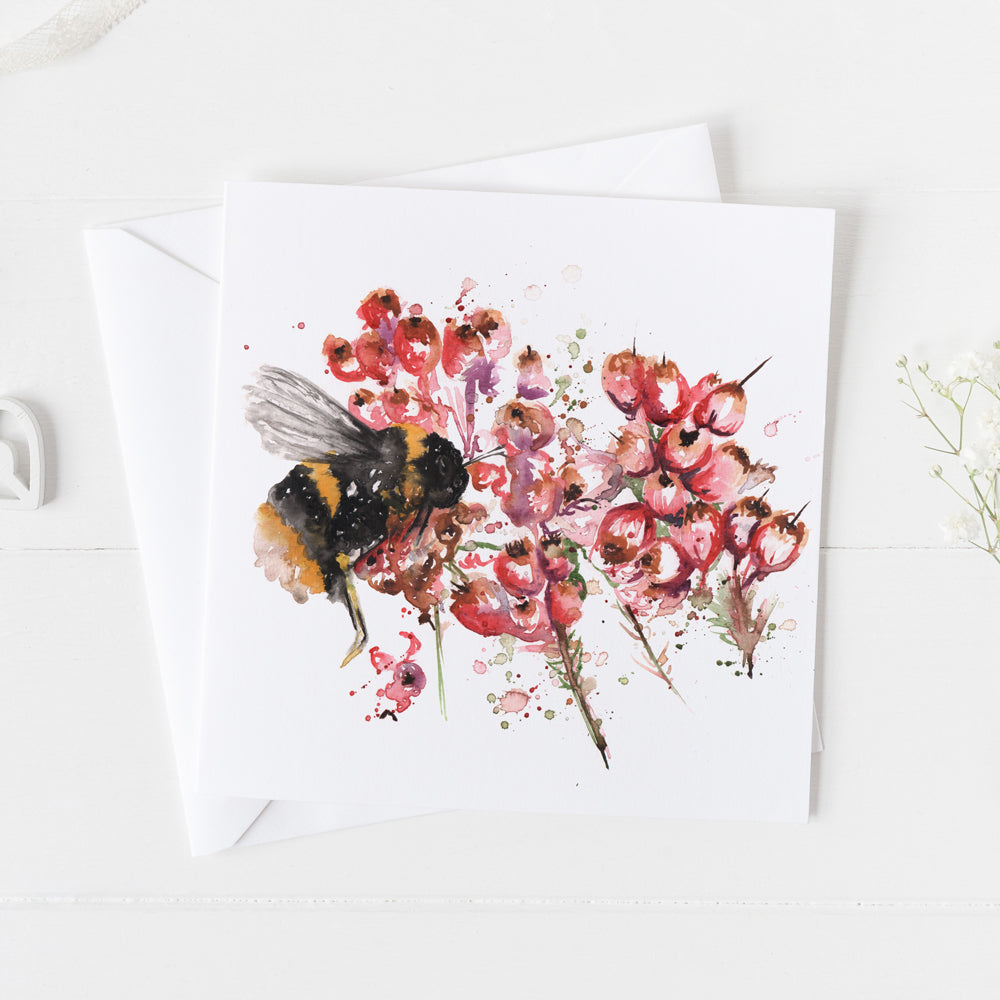 Bee on Heather Watercolour Greeting Card