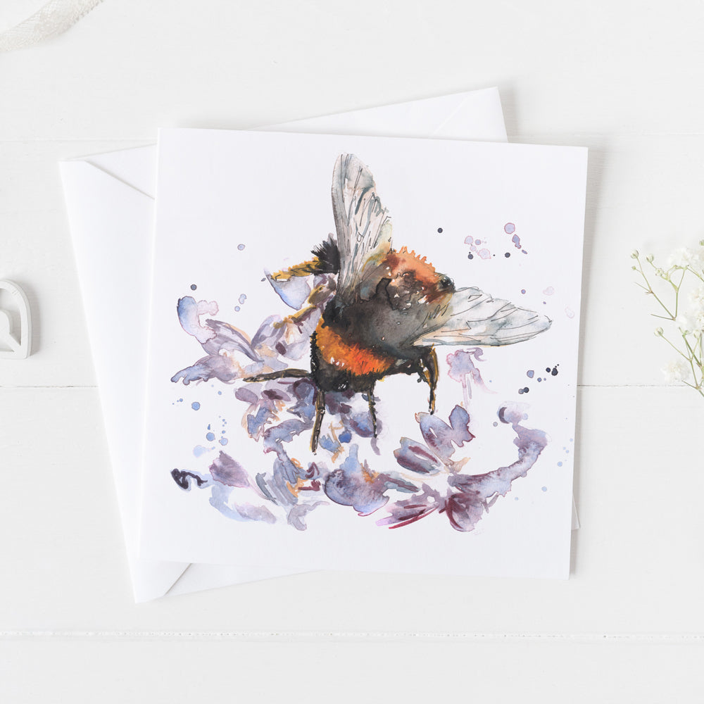 Bumblebee on Heather Watercolour Design Greeting Card