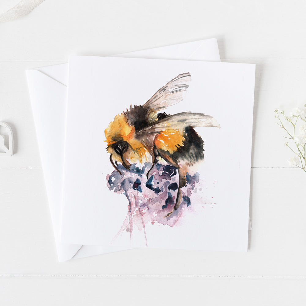 Bumblebee on heather Watercolour Design Greeting Card