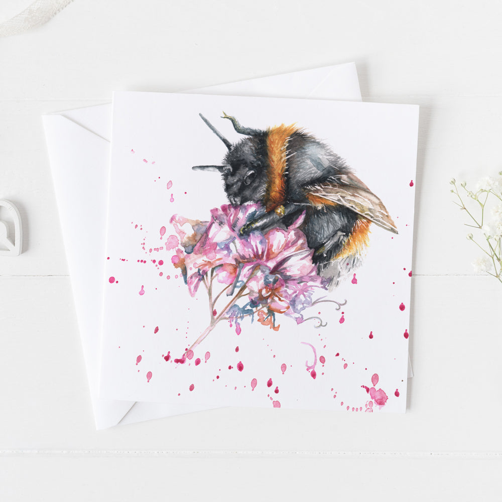 Bumblebee on Flower Watercolour Design Greeting Card