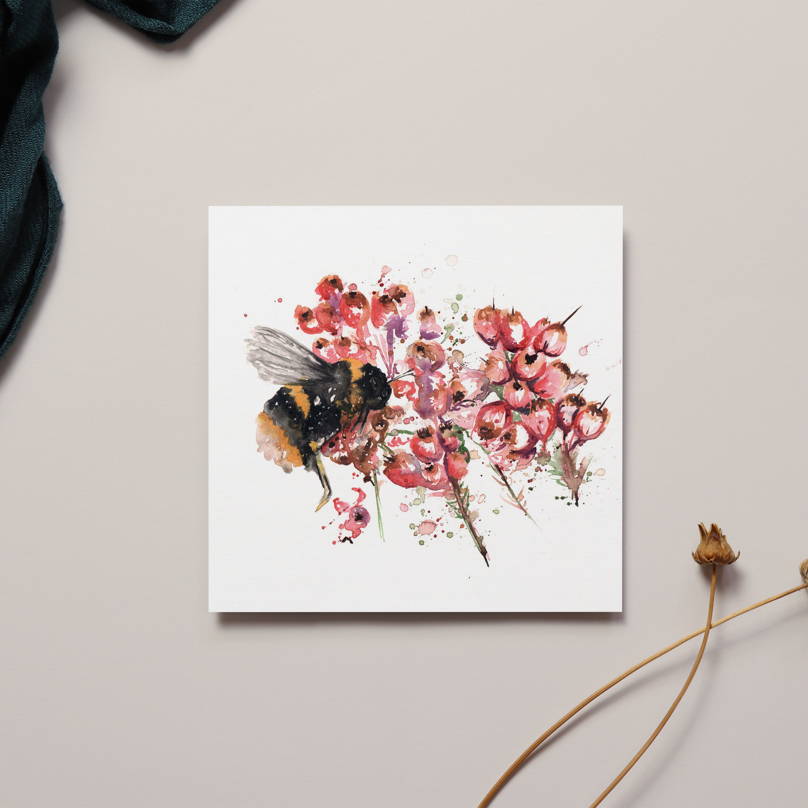 Bee on Heather Watercolour Greeting Card