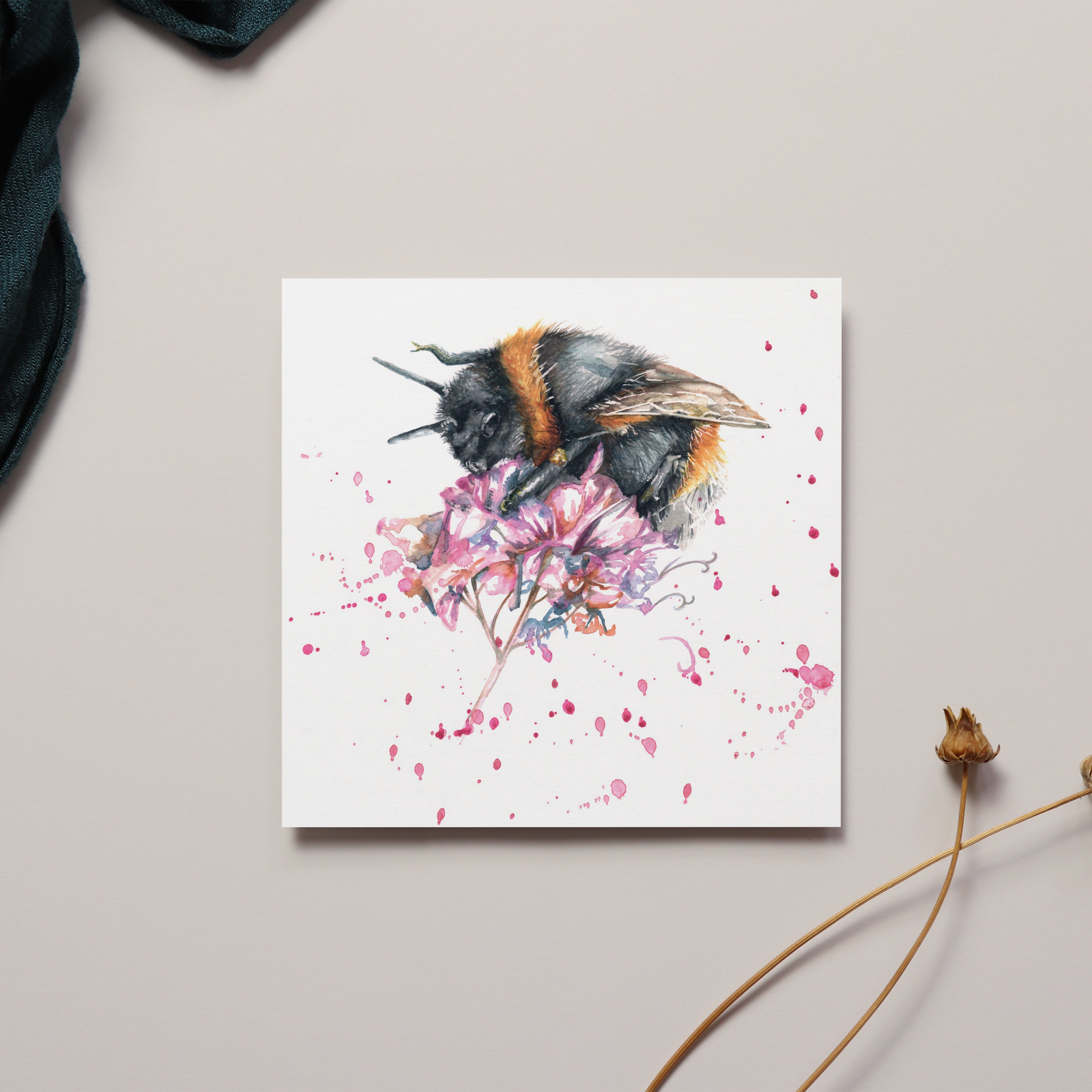 Bumble Bee on Heather Watercolour Card