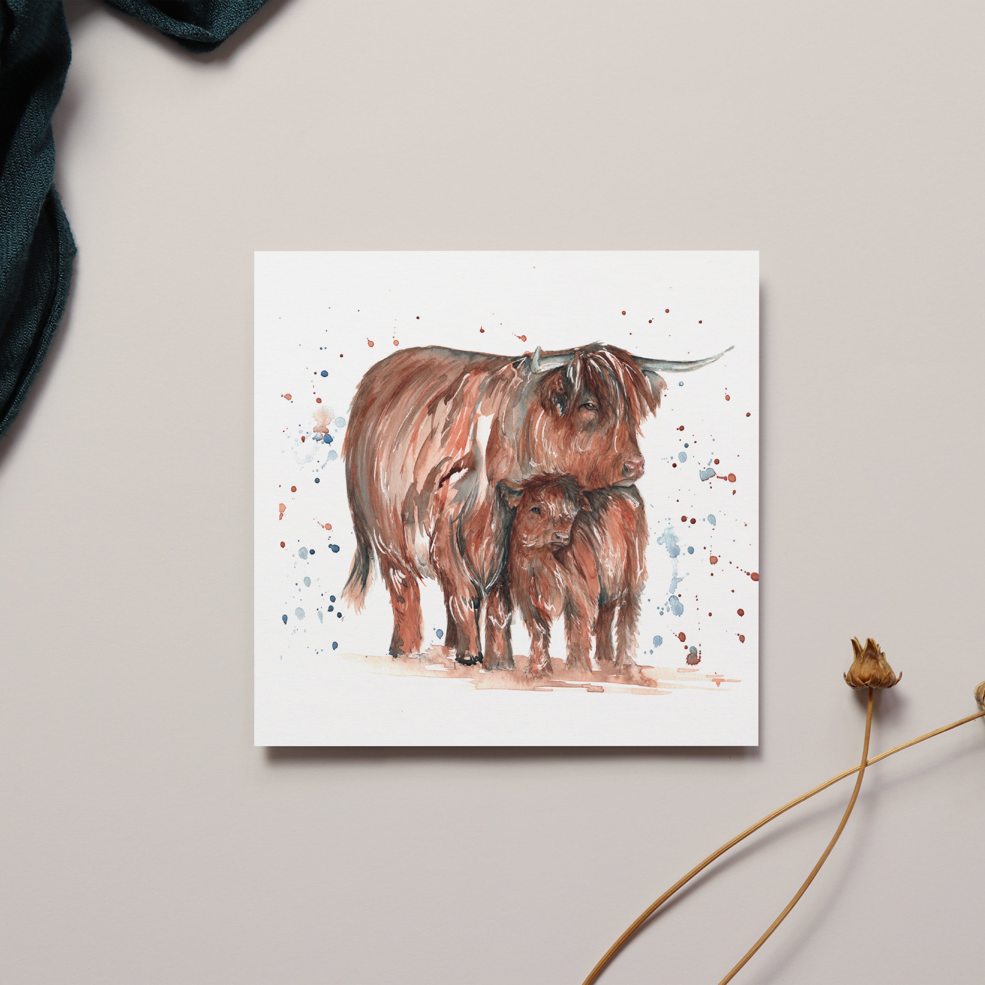 Highland Cow and Calf Watercolour Card