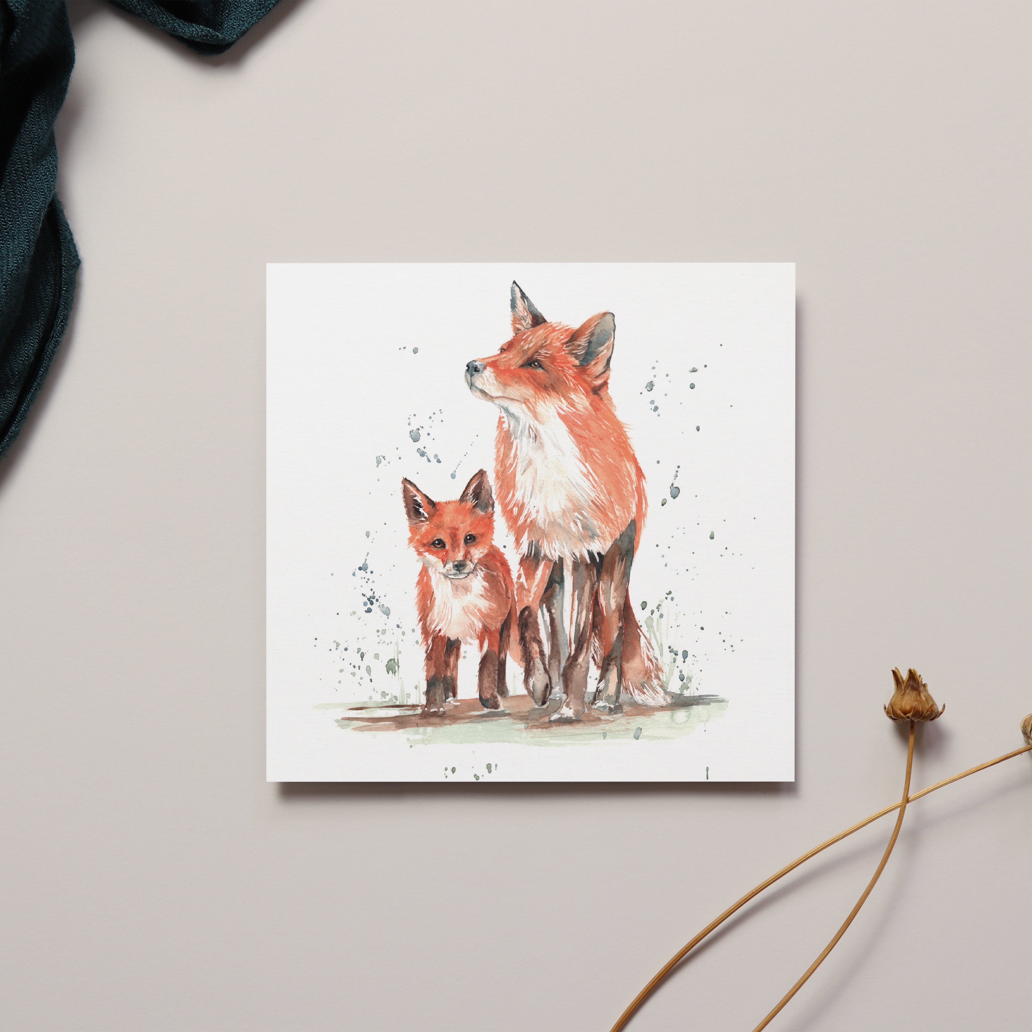 Fox and Cub Watercolour Card
