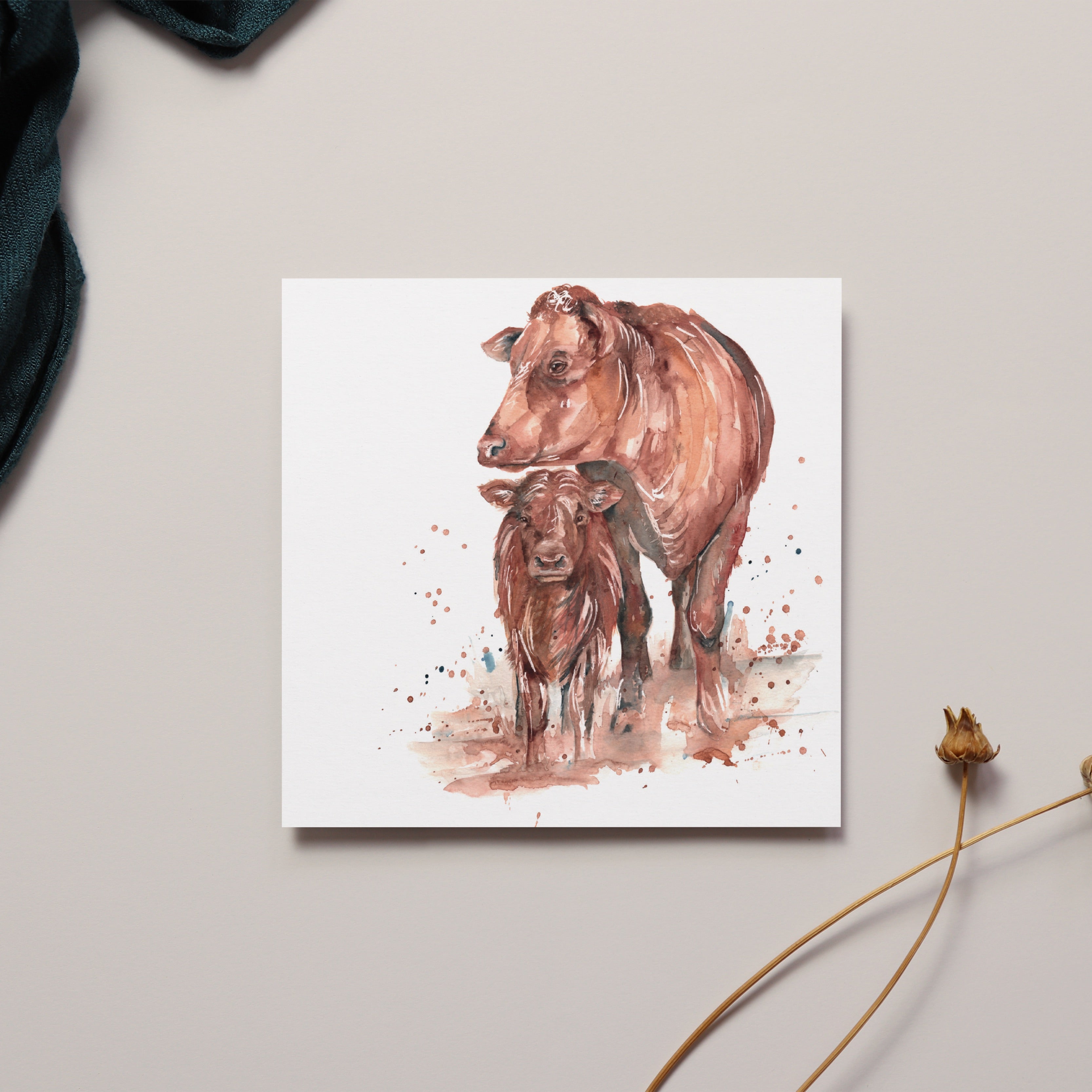 Hereford Cow and Calf Watercolour Design Card