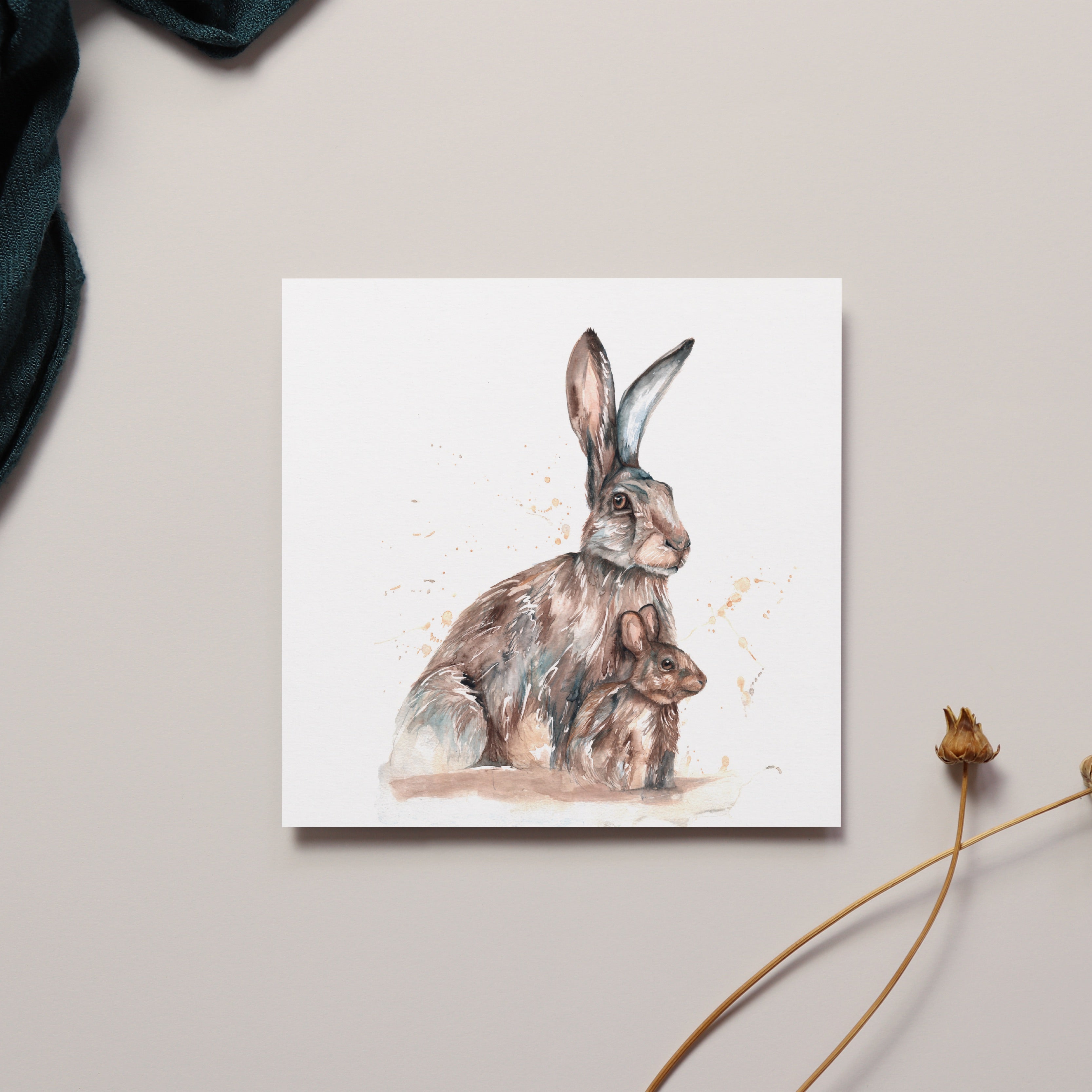 Hare and Leveret Watercolour Card