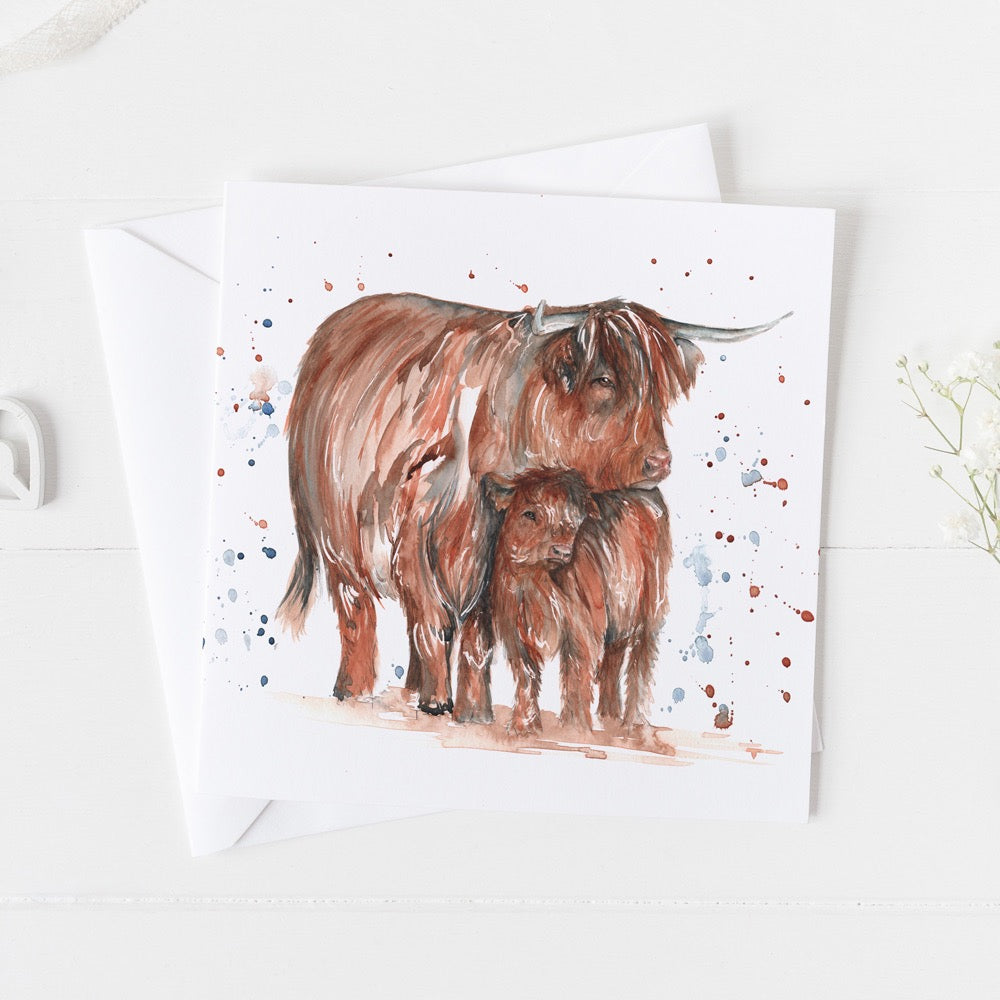 Highland Cow &amp; Calf Watercolour Design Greeting Card