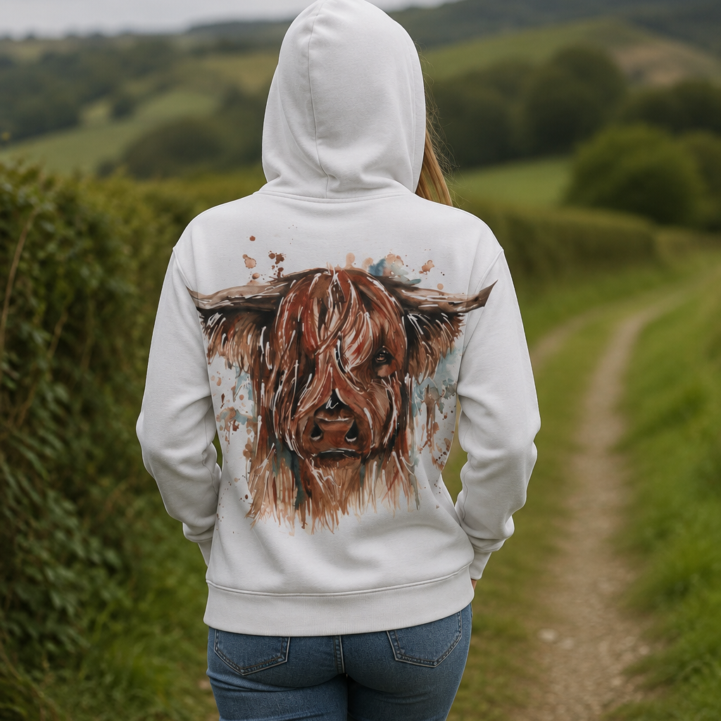A person standing on a dirt path in a rural landscape, viewed from behind, wearing a white hoodie with a large painted Highland cow graphic on the back and blue jeans.