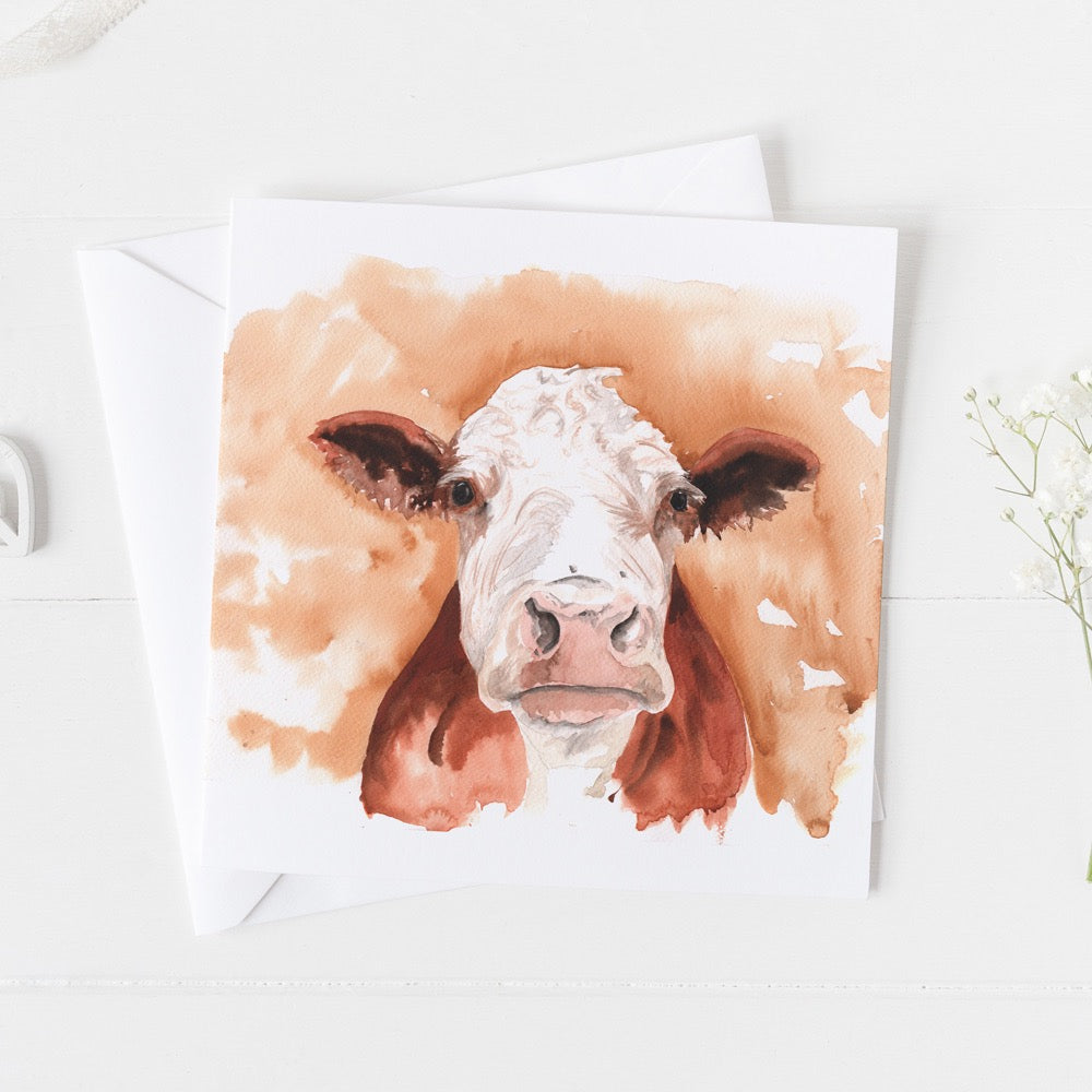 Hereford Cow Watercolour Design Greeting Card