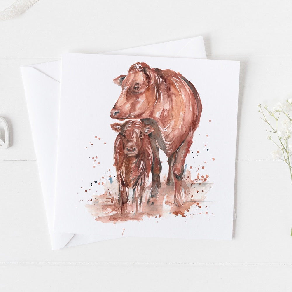 Hereford Cow and Calf Watercolour Design Greeting Card