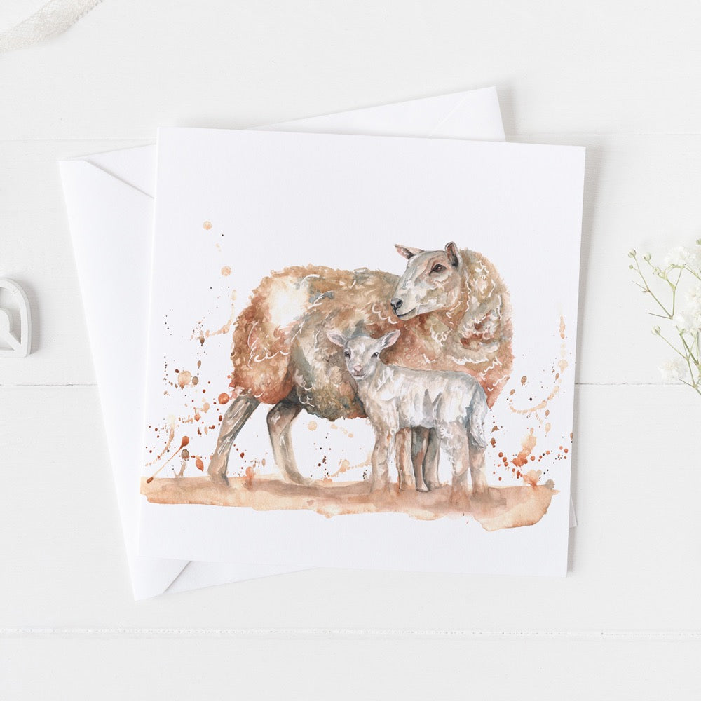 Sheep &amp; Lamb Watercolour Design Greeting Card