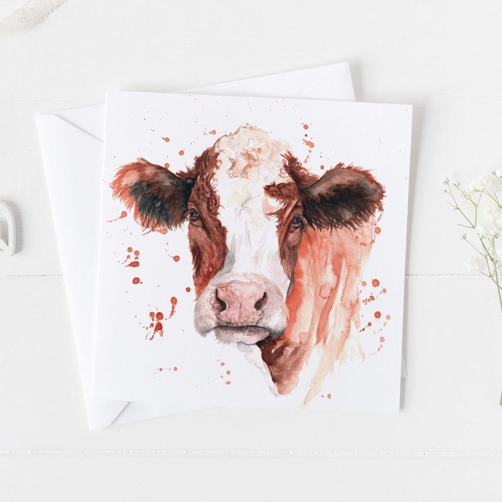 Hereford Cow Watercolour Design Greeting Card