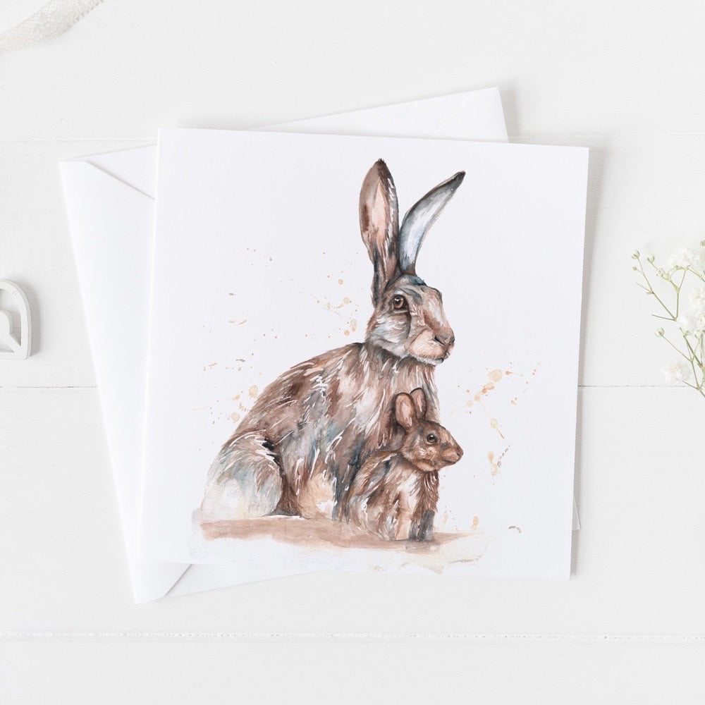 Hare and Leveret Watercolour Design Greeting Card