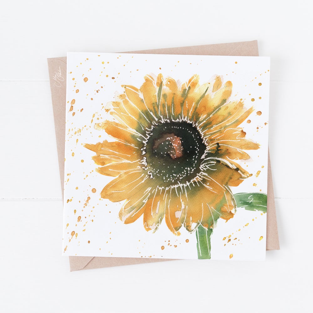 Sunflower Water colour Greeting Card By Meg Hawkins, the sunflower Symbol adoration, loyalty, longevity 
