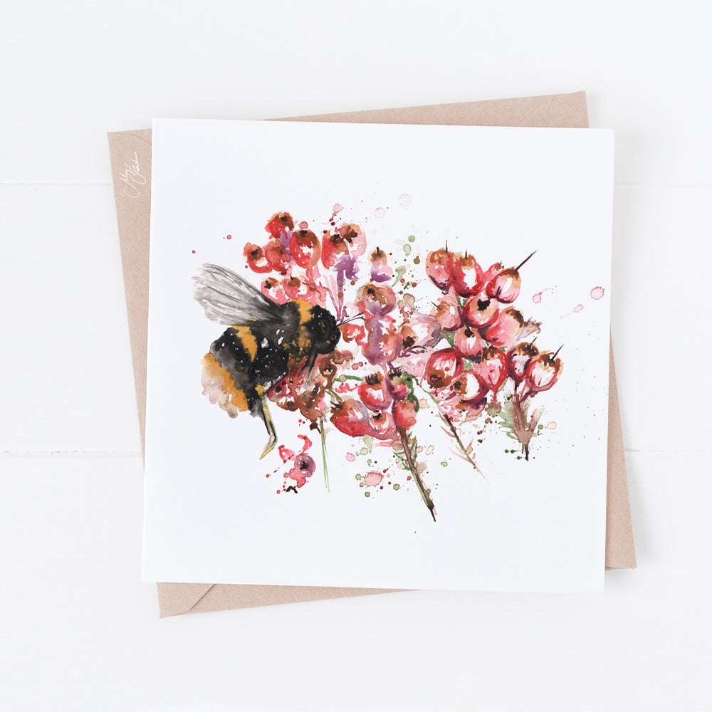 Bee on Heather Greeting Card By Meg Hawkins