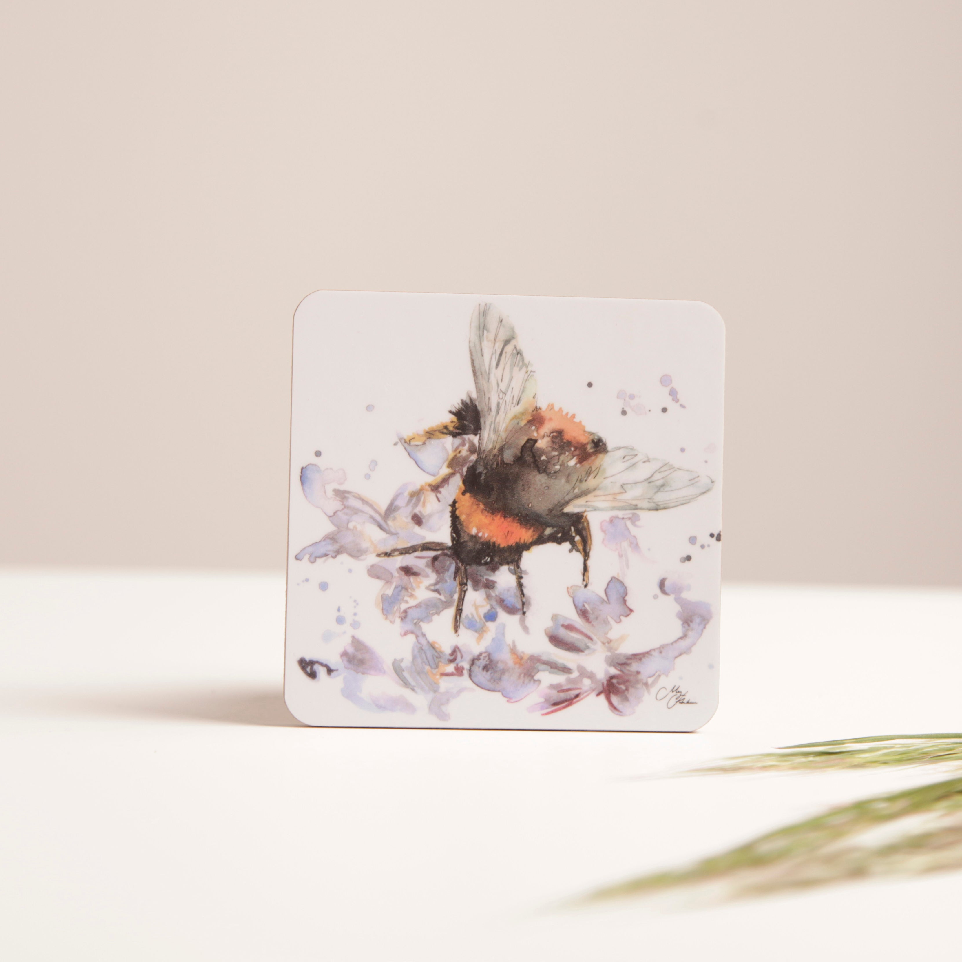 Bee on Heather Watercolour Design Coaster